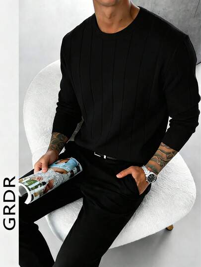 GRDR Men's Loose Fit Thin Ribbed Crew Neck Long Sleeve Knit Sweater, Casual Versatile Outerwear