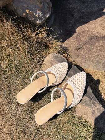 Women's Retro Woven Pointed Toe Mule Sandals With Rhinestone Decor, Hollow Out High Heel Shoes