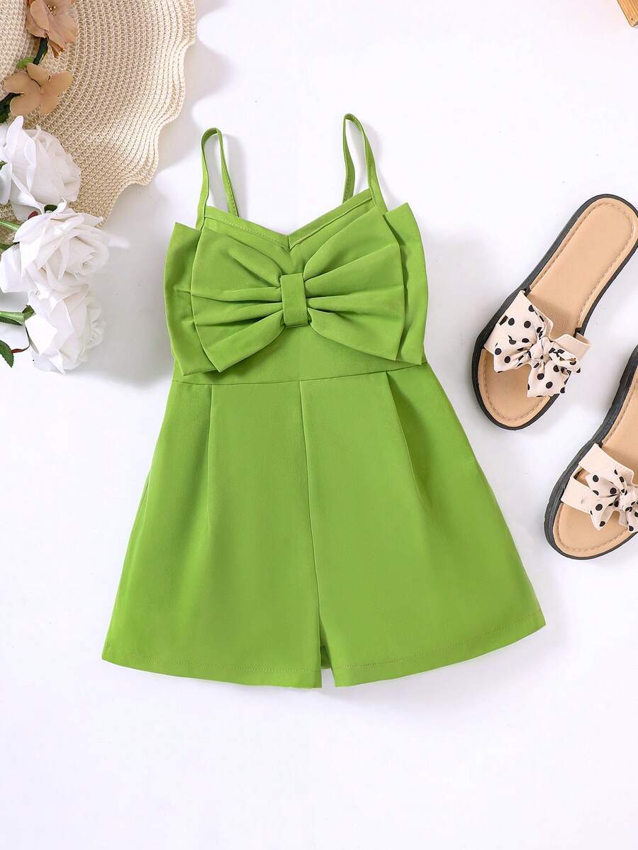 Young Girls Casual Bowknot Decorated Strap Romper - Green - View 1