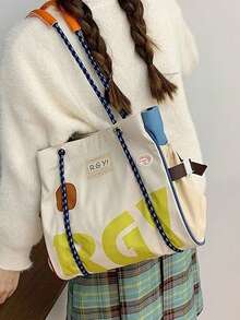 返校季黑白波点爱心帆布手提包，大容量撞色单肩包，适合大学生，多功能手提包，腋下手提包 - 彩色 - 查看 3