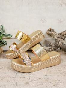 Metallic Sequin Embellished Thick Sole Wedge Slide Sandals With Double Straps - Gold - View 7