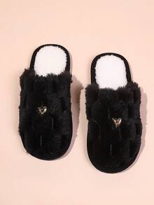 Women's Autumn/Winter Indoor Slippers, Fashionable Minimalist Heart Decor, Lightweight Soft Sole Floor Slippers, Thermal Lined & Thickened - Black - View 2