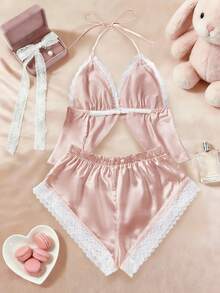 情人节礼物蕾丝缎面性感内衣套装 - 吊带开衩文胸和弹力短裤 - 女士贴身睡衣