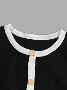 Women's Casual Elegant Two Pieces: Knit Set Versatile Sleeveless Sweater Black-And-White Color Blocking Crew Neck Structured Shoulders Slim Fit, Metal Button Front Placket Paired With Matching High-Waisted Elastic-Band Shorts, Spring Summer - Black and White - View 8