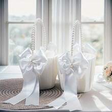 1个花童篮，婚礼花童篮，配有可爱珍珠手柄和蝴蝶结装饰，缎面花篮，适合婚礼仪式、婴儿派对 - 象牙白 - 彩色 - 查看 2