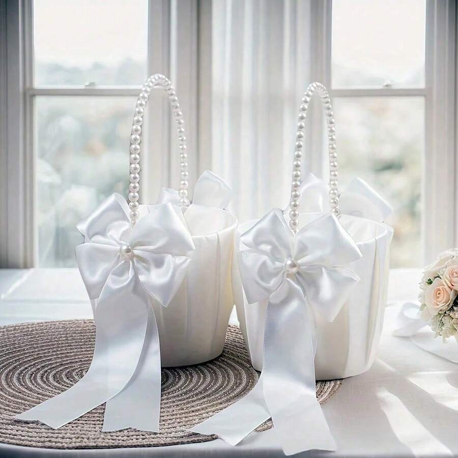 1个花童篮，婚礼花童篮，配有可爱珍珠手柄和蝴蝶结装饰，缎面花篮，适合婚礼仪式、婴儿派对 - 象牙白