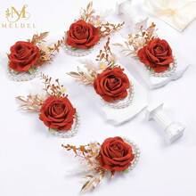 Meldel Orange Velvet Rose Wrist Corsage, Set Of 6, Wedding Bridal Flower Corsage Hand Decor For Prom Party Homecoming, Wristband Flowers Bride, Bridesmaid, ,6pcsOrangeWristCorsages - 6顆橘色腕花 - 查看 7