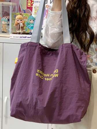 2025 Large Capacity Drawstring One Shoulder Canvas Bag, Japanese Letter Nylon Handbag Tote, Commuter