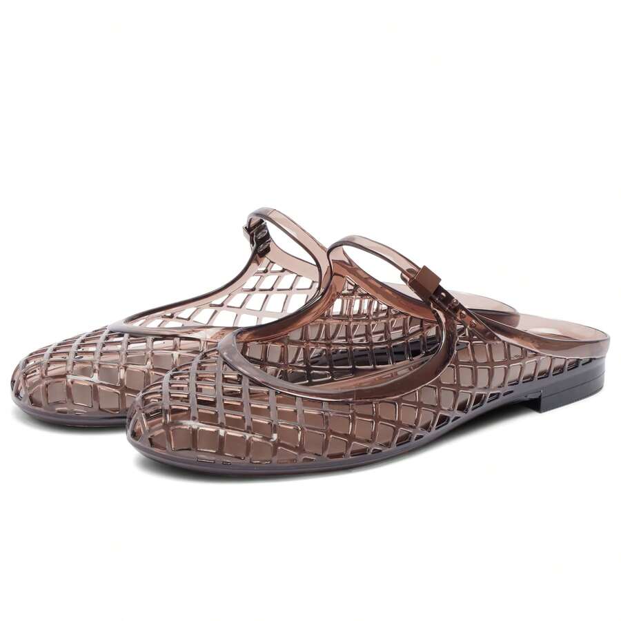 Clear Mary Jane Jelly Shoes For Women Slip On Mules Comfortable Closed Toe Flat Jelly Sandals Summer Mesh Slides - Màu nâu Mocha - Xem 1