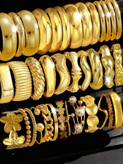 Juego de pulseras y brazaletes vintage elegantes y retro con estilo de moneda, 25 piezas/21 piezas/19 piezas/15 piezas/11 piezas/8 piezas/3 piezas/1 pieza, con elementos geométricos irregulares de metal, flores de 5 pétalos de perlas falsas, lazos circulares ondulados anudados de varias capas y líneas cruzadas huecas, minimalista y exagerado, joyería de alta gama para mujer, hombre, parejas, fiestas, bodas, aniversarios y uso diario, regalo ideal para Año Nuevo y San Valentín