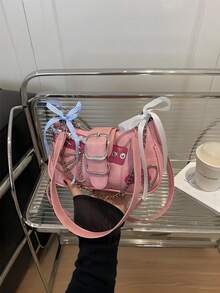 Y2K Star &Y2K Fashionable Multi-Functional Star & Moon Design Unique Pink Chain Decor Crossbody Bag, Ladies Baguette Bag, Niche Design, Steampunk, Gothic, Ladies Bag, Cool Girl Streetwear, Music Festival, Party, Ladies Rock Style Bag Suitable For Girls'' Street Style, Celebrity Same Style Printed Female Shoulder Bag, Y2k Bag, Gothic Punk Bag For Women, 2000s Fashion Style Bag For Women,Christmas Outfit,,Christmas Campus,,Holiday Travel,Christmas Party - 西瓜粉 - 查看 5