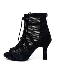 专业舞蹈踝靴，女士拉丁莎莎舞鞋，黑色绒面革鞋面软底，舞厅莎莎舞靴，女童软底练习爵士拉丁舞靴 - 黑色 - 查看 2