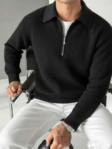Men's Fashionable 7-Zipper Collar Long Sleeve Sweater, Autumn/Winter - Black - View 1