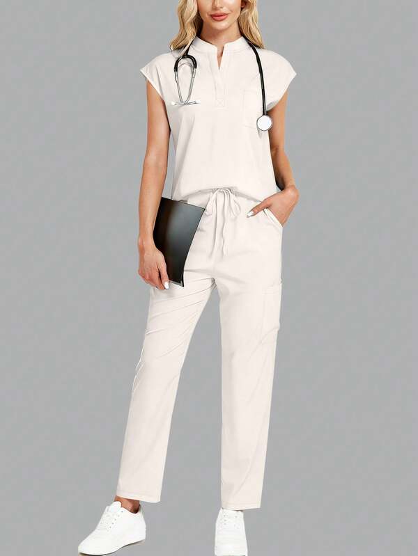 2ชิ้น ชุด: ชุดนอนเสื้อคอปกบากสีพื้นเรียบง่ายและกางเกงขายาว