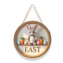 Easter Wooden Door Sign 2D Flat Round Plaque Cute Bunny Rabbit Welcome Signs Hanging Decoration For Wall Home Holiday Party Decor - A - View 2
