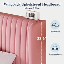 Allewie Full/Queen/King Size Velvet Bed Frame/Vertical Channel Tufted Wingback Headboard/Upholstered Platform Bed/Strong Wooden Slats/No Box Spring Needed/Easy Assembly, Pink - 粉色 - 查看 4