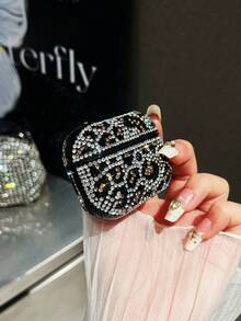 1 pieza Estuche protector de auriculares Bluetooth con estampado de leopardo de diamantes y lentejuelas brillantes de color blanco para AirPods - Blanco - Ver 2