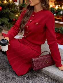 2pcs Wine Red Knitted Women's Outfit, Fashion Date/Shopping Pleated Skirt Set, Suitable For Carnival, New Year, Valentine's Day - Red - View 2