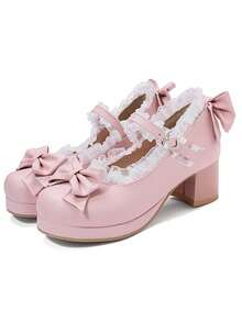 Women Kawaii Mary Janes Pumps With Bow Platform Dress Pumps Chunky Heel Cute Lace Sweet Party Shoes For Girls Students Lolita Style Mid Heel Shoes - 粉色 - 查看 6