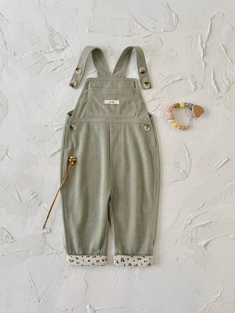 Toddler Baby Girls' Casual Minimalist Green Ditsy Floral Overalls, Spring/Autumn - Green - View 8