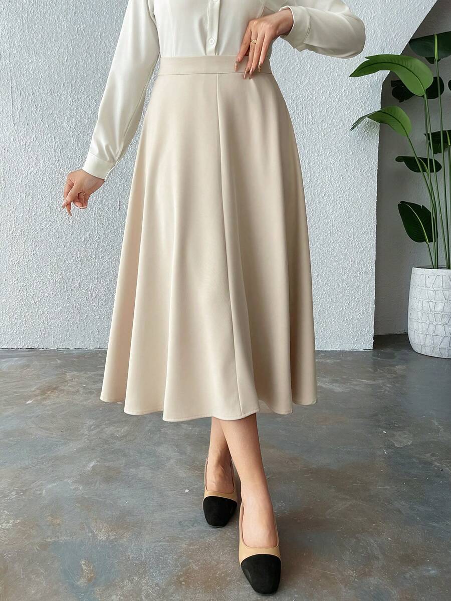 DAZY Falda larga y acampanada de unicolor para otoño - Beis - Ver 1