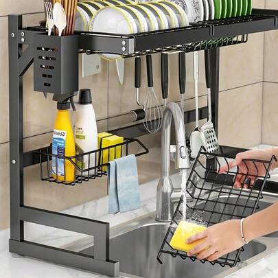 HUOMAQFAN Large Over Sink Dish Drying Rack, 2 Tier Stainless Steel Dish Drainer For Kitchen Storage And Organization, Space Saving Countertop Rack Size 33 X 13 X 20 Inch