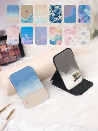 1pc Ocean Series Portable Vanity Mirror, Foldable Lightweight Ultra-Thin Handheld Mirror, Durable PU Leather, Suitable For Multiple Occasions And All People, Foldable Compact Mirror For Carrying