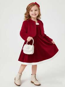 女童新年元素毛绒开衫长袖外套及毛绒吊带裙时尚套装，秋冬款 - 酒紅色 - 查看 8