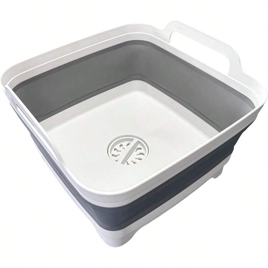 9L (2.4Gal) Dish Basin Collapsible With Drain Plug Carry Handles,Kitchen Storage Tray Dish Wash Basin, Portable Dish Tub, Foldable Dishpan For Camping,RV,Gray - Default - View 1