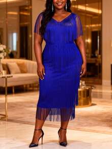 Vestido de noche de longitud hasta la rodilla con cuello en V sin mangas, cintura alta y flecos multicapa en color azul, adecuado para que las mujeres de talla grande asistan a bodas, fiestas de boda, despedidas de soltera, vacaciones, cumpleaños, galas, homecomings y otras ocasiones. - Azul - Ver 1