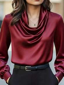 一件女士优雅缎面衬衫，采用褶裥拼接和纽扣设计，适合办公室、度假、居家、日常穿着，各种场合，四季皆宜。 - 酒紅色 - 查看 7