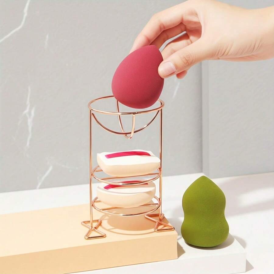Three-Layer Makeup Sponge Storage Rack - Geometric Design Elegant Beauty Sponge Holder, Sturdy And Stylish, Suitable For Beauty Tools, Sponges And Brushes, Makeup Brush Special Sponge Rack, Streamlined Design, Stable Structure - 玫瑰金 - 查看 1