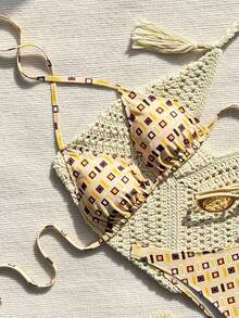 Women's New Sexy Backless Tie-Front Geometric Print Bikini Set, Beach/Swimwear - Yellow - View 5