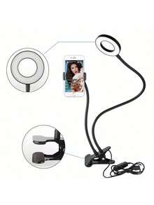 带环形灯和手机支架的金属夹灯，不防水，二合一夹式支架，适用于手工艺、阅读、视频录制和学习照明 - 黑色 - 查看 7