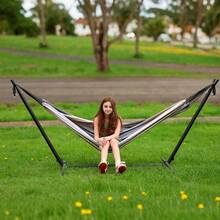 Double Hammock With Stand Included 450lb Capacity Steel Stand, Premium Carry Bag Included And Two Anti Roll Balance Beam, Portable Hammock With Stand For Backyard, Camping,Garden Brown Stripes - 咖啡 - 查看 6