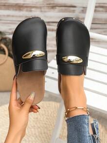 2026夏季女士时尚穆勒平底拖鞋，套脚木底厚底铆钉水钻户外拖鞋，日常通勤休闲度假软底轻便沙滩鞋 - 黑色 - 查看 7