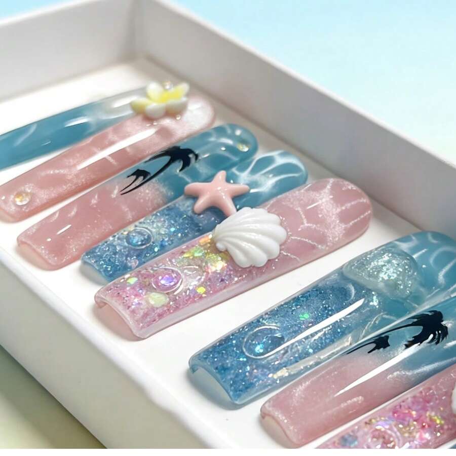NailHaven 10Pcs Handmade Acrylic Press On Nails Square Aquarium Nails Dreamy Ocean Style - Nail Art Supplies With Raised Flower Pattern, Shell & Starfish Accents & Pink-Blue Ombre Tones, Includes Tool Kit - Suitable For Dates, Daily Wear & Birthday Parties,Includes A Tool Kit, Making It A Great Gift For Women And Girls. - 彩色 - 查看 1