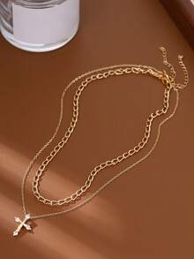 Nooxian 2pcs Cubic Zirconia Cross Pendant Layered Necklace For Women - Yellow Gold - View 2