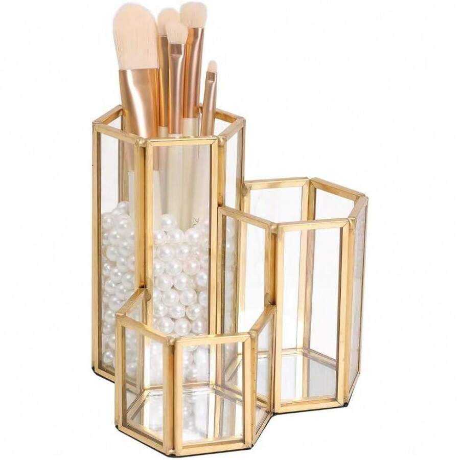 Cosmetic Storage Box & Rack - 3 Slots, Hexagonal, Gold - View 1