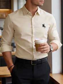 Camisa casual de hombre de unicolor, estilo básico con gráficos impresos, tela suave y sedosa, camisa esencial para caballero - Albaricoque - Ver 5