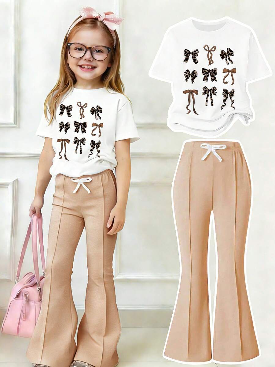 Toddler Girls' Bow Graphic Print Round Neck Short Sleeve Top And Flare Pants Set - White - View 1