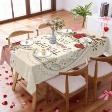 1pc Romantic Rose Print Holiday Decorative Tablecloth, Daily Use Stain-Resistant & Easy To Clean Dining Table Cover, Wedding Anniversary Atmosphere Home Decor Rectangle Sofa Cover