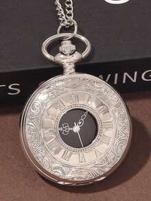 Bộ 3 món đồng hồ nam cao cấp bằng bạc, bao gồm một đồng hồ thạch anh mặt xanh dây kim loại bạc, một ví da dập nổi màu đen và một đồng hồ bỏ túi dây dài bằng bạc. - Bạc - Xem 6