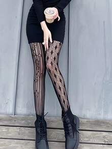 性感女士渔网袜，松紧腰渔网袜，加固趾部渔网袜，高弹力渔网连裤袜 - 黑色 - 查看 1