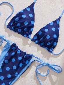 女士复古波点双面蓝色比基尼泳装，夏季套装/沙滩装/生日装/休闲装/Y2K/2000年代/千禧年时尚/优雅/老钱风/街头风/度假装/女孩沙滩装 - 藍色 - 查看 5