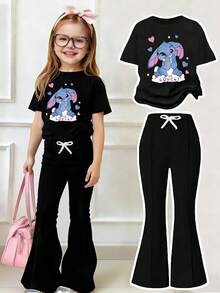 Young Girl Cartoon Print Short Sleeve T-Shirt And Skinny Flared Pants - Black - View 1