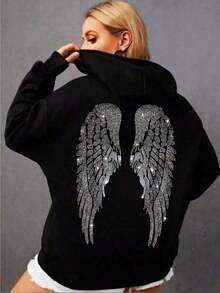 Women's Oversized Angel Wings Print Hoodie - Black Y2K Back Graphic Pullover,  Fall Winter  Streetwear Long Sleeve Hooded Top, Loose Fit Casual Daily Wear, Retro Aesthetic Statement Pattern Hooded Sweatshirt For Adults, Comfy Oversized Silhouette2026 - 黑色 - 查看 1