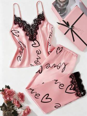 2 Pcs Women's Sexy Lingerie Set Adjustable Straps V-Neck Lace-Trimmed Top & Long Sleep Pants With Flutter Lace Trim Comfortable Home & Going Out Pajama Set
