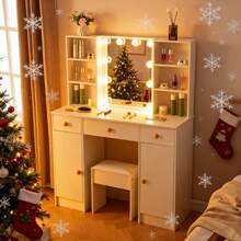 [Christmas Top Gift Choices] Rustic Solid Wood Vanity With Touch-Control Illuminated Mirror & 3 Adjustable Lights! Cosmetic Organizer Trays + Drawer Dividers, Built-In USB Charger, Perfect For Dressing Rooms - 白色 - 查看 8