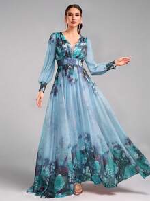 Elegant Women's Long Sleeve Sweetheart Neck Floral Knit A-Line Maxi Dress With Ruffle Details Spring Vacation - Multicolor - View 7